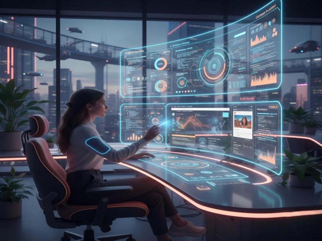 A woman working on multiple futuristic holographic screens displaying AI SEO analytics, dashboards, and digital insights in a high-tech office overlooking a smart city.