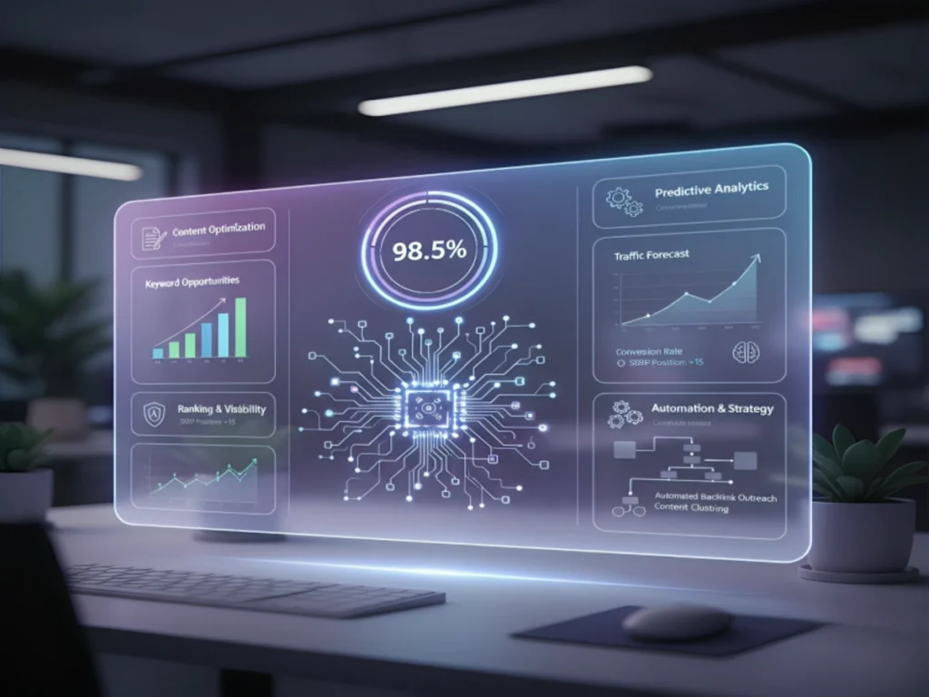AI SEO dashboard with predictive analytics, keyword opportunities, and automation AI SEO Strategy visuals in a futuristic purple-themed interface.